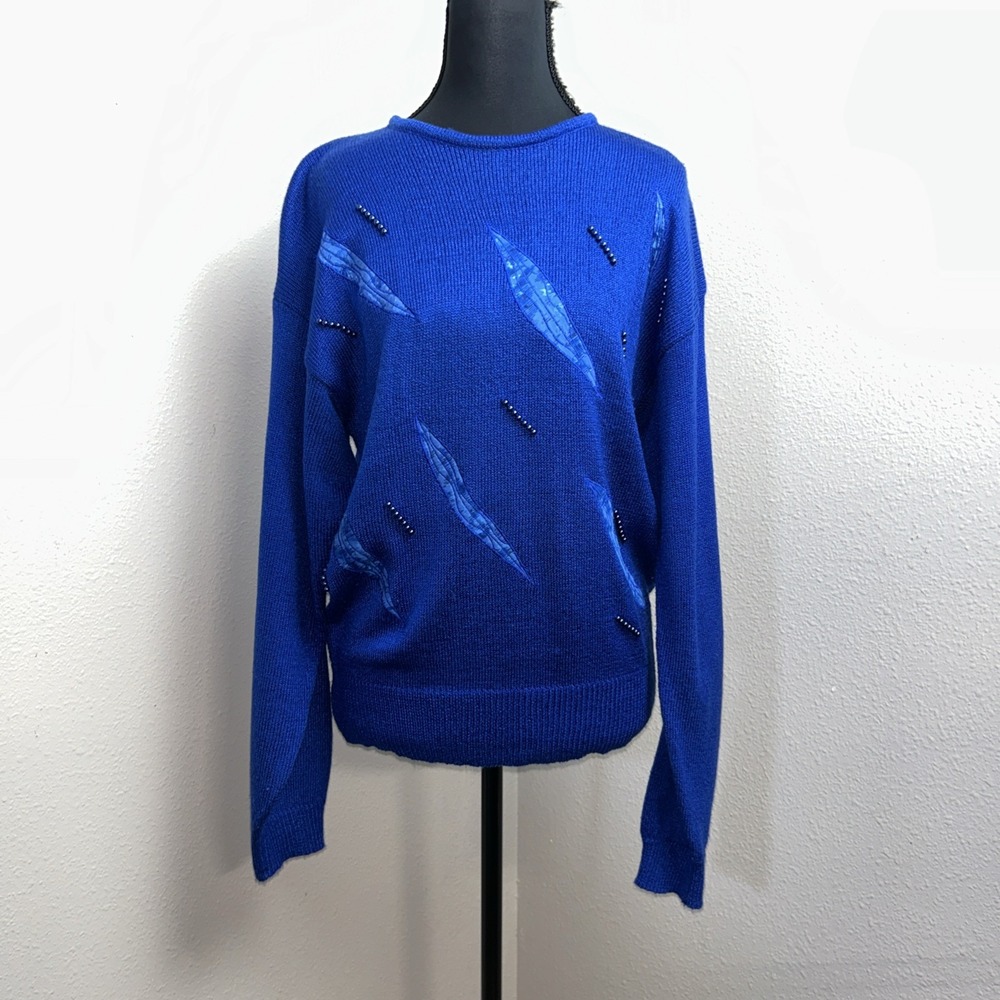 Vintage 90's Andrea Gayle Knit Sweater Women's‎ Medium Blue Embroidered Beaded